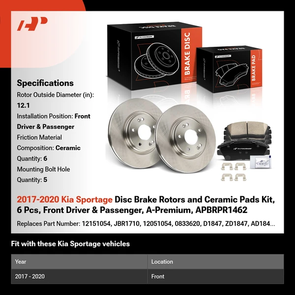 2017-2020 Kia Sportage Disc Brake Rotors and Ceramic Pads Kit, 6 Pcs, Front Driver & Passenger, A-Premium, APBRPR1462