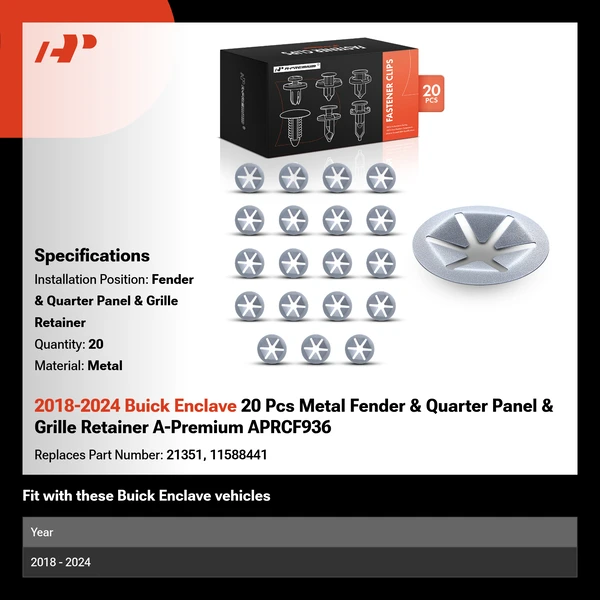 2018-2024 Buick Enclave 20 Pcs Metal Fender & Quarter Panel & Grille Retainer A-Premium APRCF936