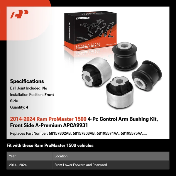 2014-2024 Ram ProMaster 1500 4-Pc Control Arm Bushing Kit, Front Side A-Premium APCA9931