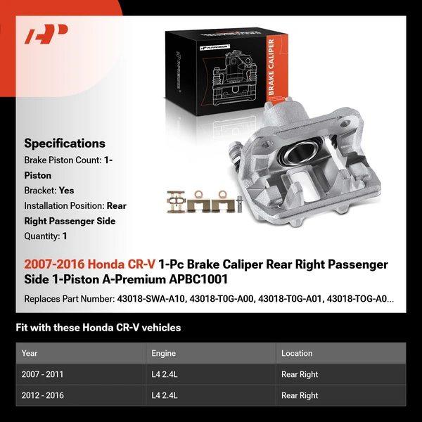 2007-2016 Honda CR-V 1-Pc Brake Caliper Rear Right Passenger Side 1-Piston A-Premium APBC1001