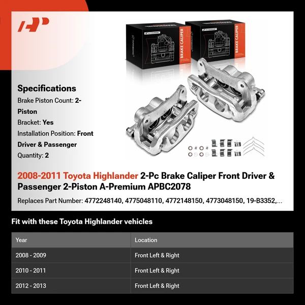 2008-2011 Toyota Highlander 2-Pc Brake Caliper Front Driver & Passenger 2-Piston A-Premium APBC2078