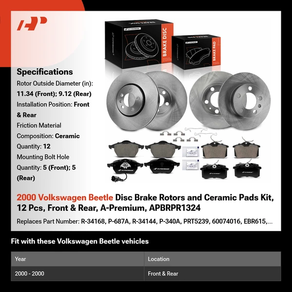 2000 Volkswagen Beetle Disc Brake Rotors and Ceramic Pads Kit, 12 Pcs, Front & Rear, A-Premium, APBRPR1324