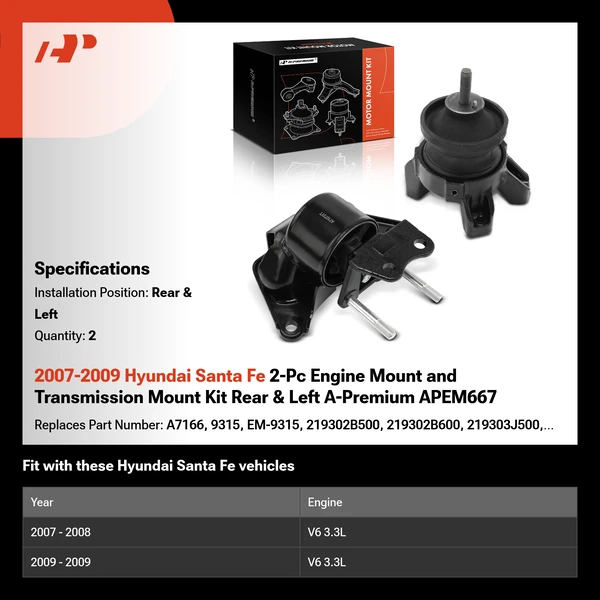 2007-2009 Hyundai Santa Fe 2-Pc Engine Mount and Transmission Mount Kit Rear & Left A-Premium APEM667