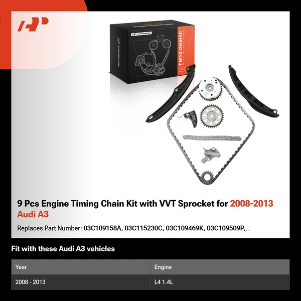 9 Pcs Engine Timing Chain Kit with VVT Sprocket for 2008-2013 Audi A3