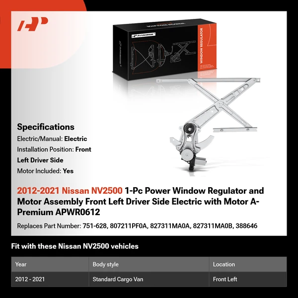 2012-2021 Nissan NV2500 1-Pc Power Window Regulator and Motor Assembly Front Left Driver Side Electric with Motor A-Premium APWR0612