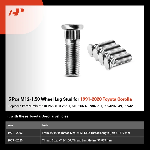 5 Pcs M12-1.50 Wheel Lug Stud for 1991-2020 Toyota Corolla