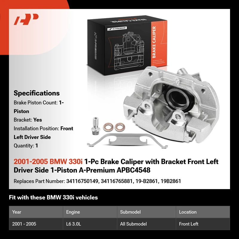 2001-2005 BMW 330i 1-Pc Brake Caliper with Bracket Front Left Driver Side 1-Piston A-Premium APBC4548