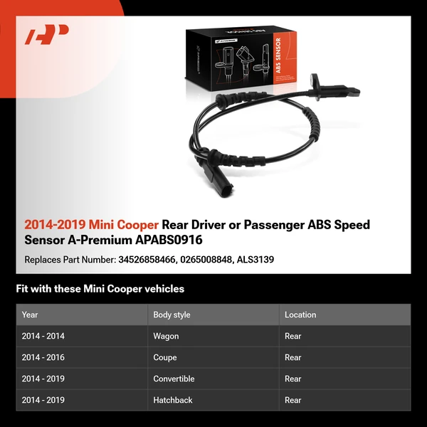 2014-2019 Mini Cooper Rear Driver or Passenger ABS Speed Sensor A-Premium APABS0916