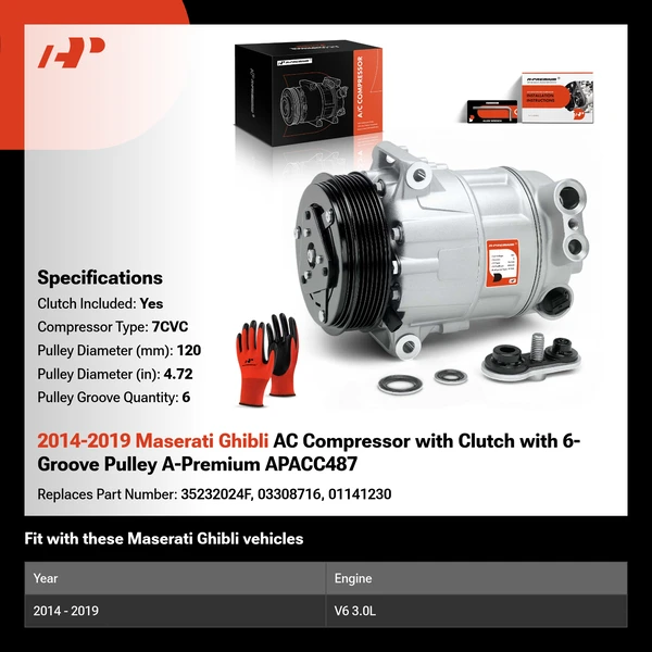 2014-2019 Maserati Ghibli AC Compressor with Clutch with 6-Groove Pulley A-Premium APACC487