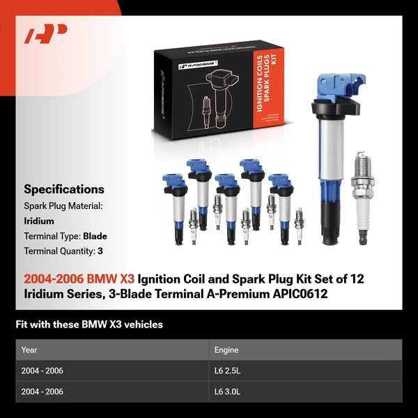 2004-2006 BMW X3 Ignition Coil and Spark Plug Kit Set of 12 Iridium Series, 3-Blade Terminal A-Premium APIC0612