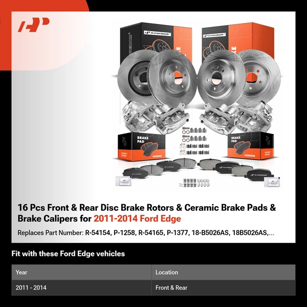 16 Pcs Front & Rear Disc Brake Rotors & Ceramic Brake Pads & Brake Calipers for 2011-2014 Ford Edge