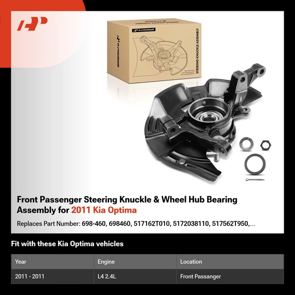 Front Passenger Steering Knuckle & Wheel Hub Bearing Assembly for 2011 Kia Optima