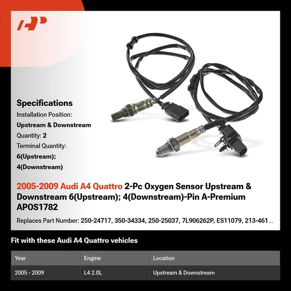 2005-2009 Audi A4 Quattro 2-Pc Oxygen Sensor Upstream & Downstream 6(Upstream); 4(Downstream)-Pin A-Premium APOS1782