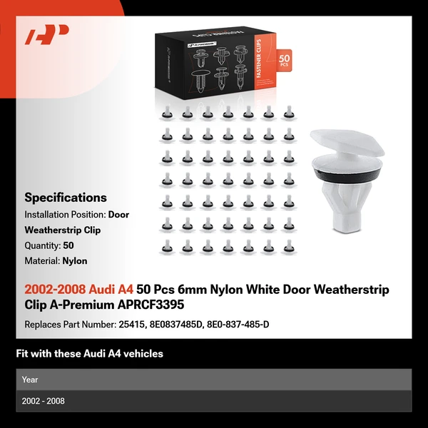 2002-2008 Audi A4 50 Pcs 6mm Nylon White Door Weatherstrip Clip A-Premium APRCF3395