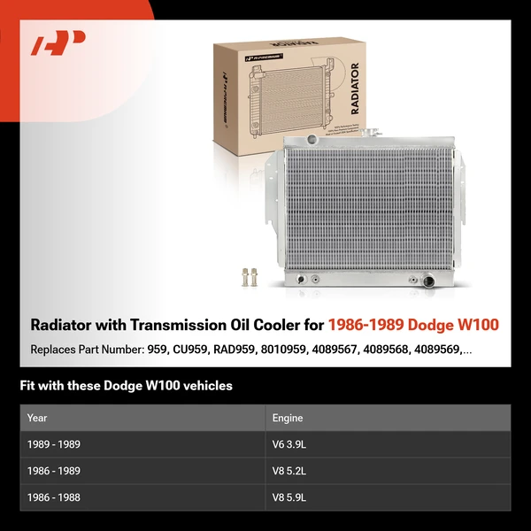 Radiator with Transmission Oil Cooler for 1986-1989 Dodge W100