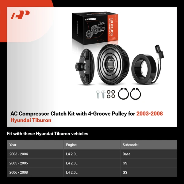 AC Compressor Clutch Kit with 4-Groove Pulley for 2003-2008 Hyundai Tiburon