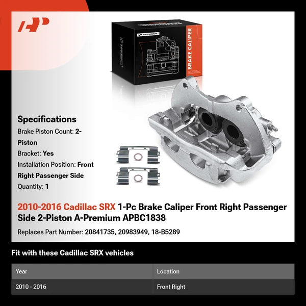 2010-2016 Cadillac SRX 1-Pc Brake Caliper Front Right Passenger Side 2-Piston A-Premium APBC1838
