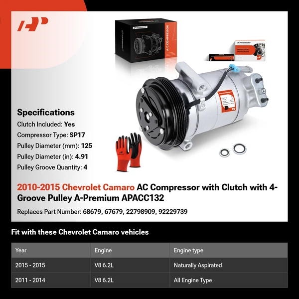 2010-2015 Chevrolet Camaro AC Compressor with Clutch with 4-Groove Pulley A-Premium APACC132