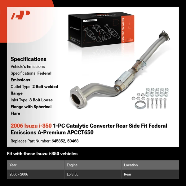 2006 Isuzu i-350 1-PC Catalytic Converter Rear Side Fit Federal Emissions A-Premium APCCT650