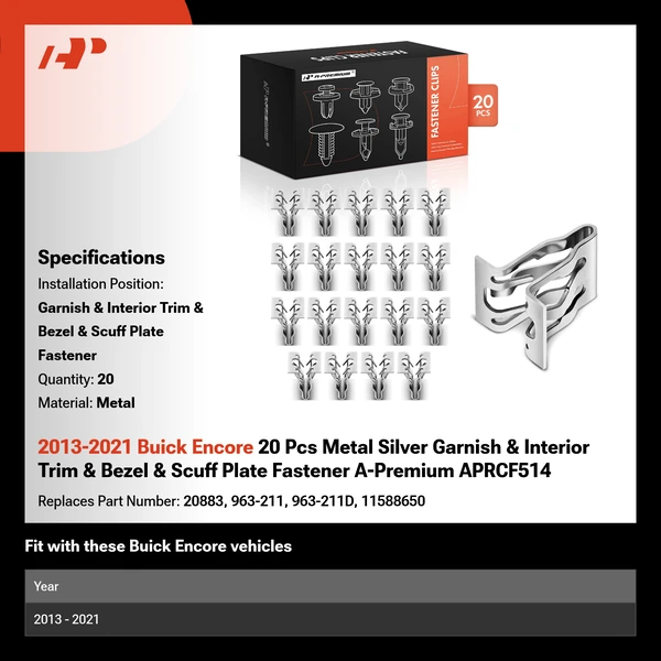 2013-2021 Buick Encore 20 Pcs Metal Silver Garnish & Interior Trim & Bezel & Scuff Plate Fastener A-Premium APRCF514