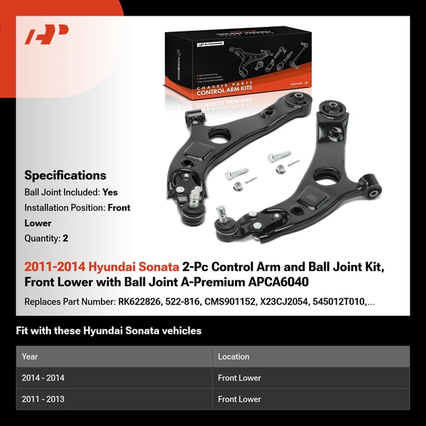 2011-2014 Hyundai Sonata 2-Pc Control Arm and Ball Joint Kit, Front Lower with Ball Joint A-Premium APCA6040