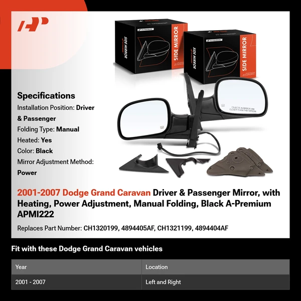 2001-2007 Dodge Grand Caravan Driver & Passenger Mirror, with Heating, Power Adjustment, Manual Folding, Black A-Premium APMI222