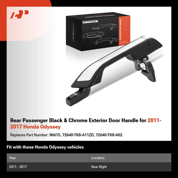 Rear Passenger Black & Chrome Exterior Door Handle for 2011-2017 Honda Odyssey
