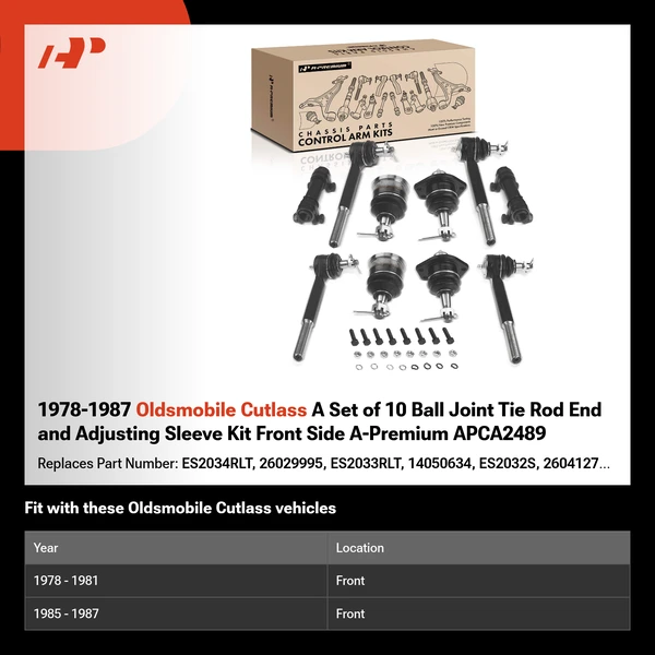 1978-1987 Oldsmobile Cutlass A Set of 10 Ball Joint Tie Rod End and Adjusting Sleeve Kit Front Side A-Premium APCA2489