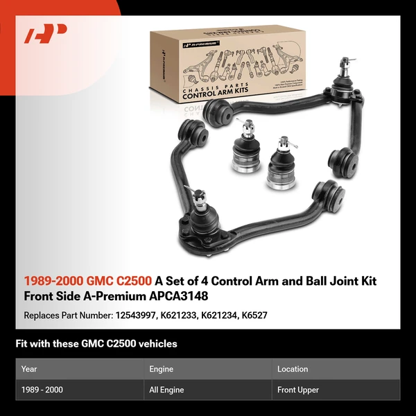 1989-2000 GMC C2500 A Set of 4 Control Arm and Ball Joint Kit Front Side A-Premium APCA3148