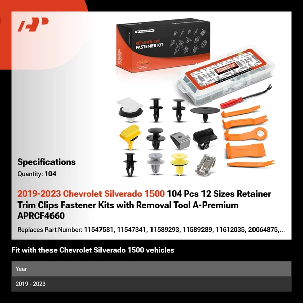 2019-2023 Chevrolet Silverado 1500 104 Pcs 12 Sizes Retainer Trim Clips Fastener Kits with Removal Tool A-Premium APRCF4660