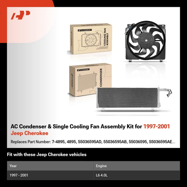 AC Condenser & Single Cooling Fan Assembly Kit for 1997-2001 Jeep Cherokee