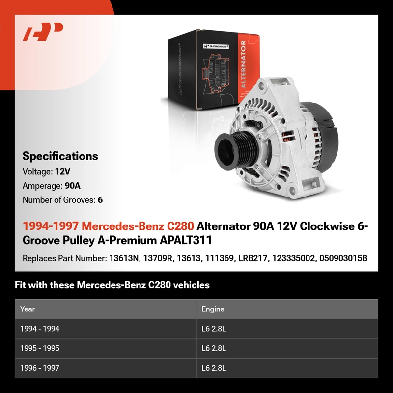 1994-1997 Mercedes-Benz C280 Alternator 90A 12V Clockwise 6-Groove Pulley A-Premium APALT311