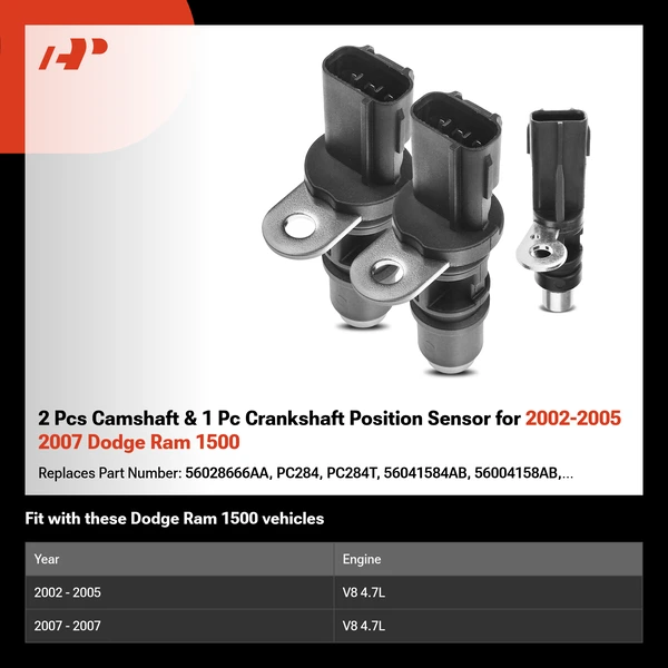 2 Pcs Camshaft & 1 Pc Crankshaft Position Sensor for 2002-2005 2007 Dodge Ram 1500