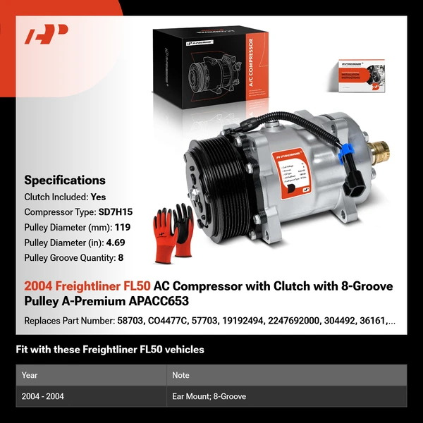 2004 Freightliner FL50 AC Compressor with Clutch with 8-Groove Pulley A-Premium APACC653