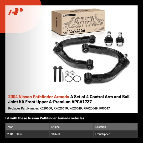 2004 Nissan Pathfinder Armada A Set of 4 Control Arm and Ball Joint Kit Front Upper A-Premium APCA1737