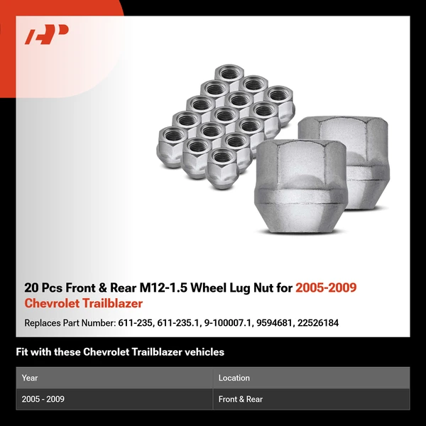 20 Pcs Front & Rear M12-1.5 Wheel Lug Nut for 2005-2009 Chevrolet Trailblazer
