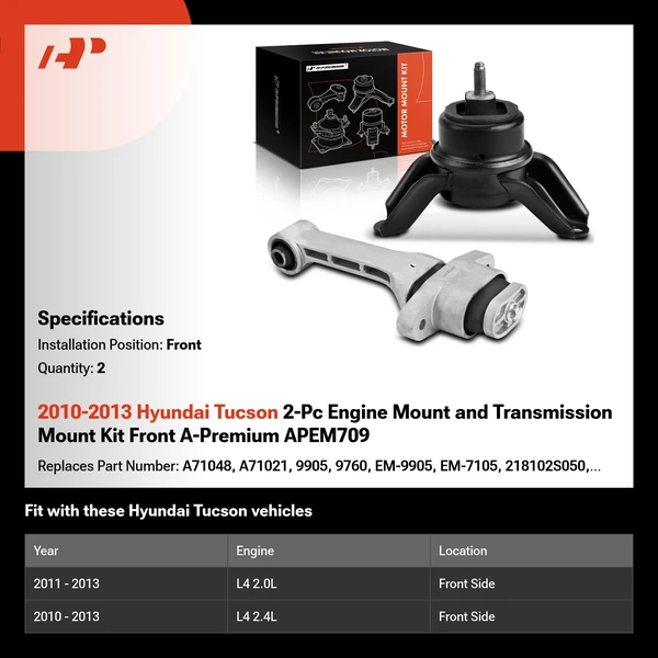 2010-2013 Hyundai Tucson 2-Pc Engine Mount and Transmission Mount Kit Front A-Premium APEM709