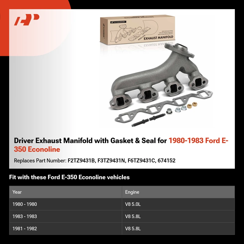 Driver Exhaust Manifold with Gasket & Seal for 1980-1983 Ford E-350 Econoline