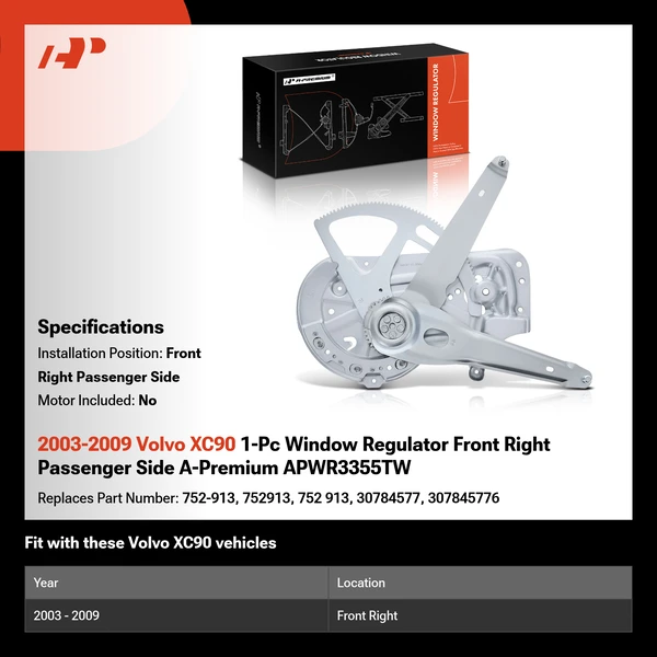 2003-2009 Volvo XC90 1-Pc Window Regulator Front Right Passenger Side A-Premium APWR3355TW