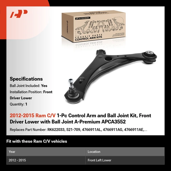 2012-2015 Ram C/V 1-Pc Control Arm and Ball Joint Kit, Front Driver Lower with Ball Joint A-Premium APCA3552