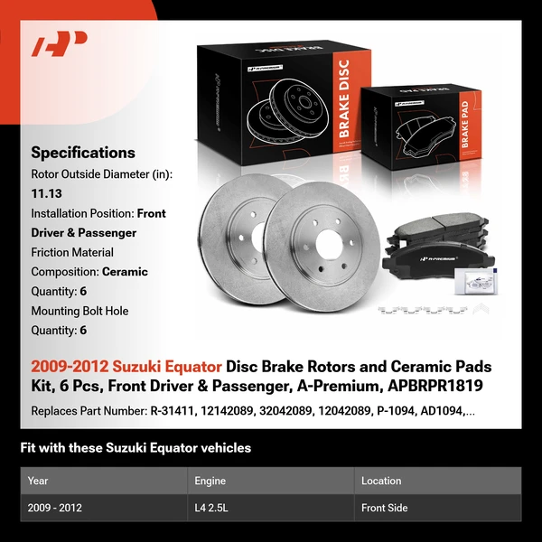 2009-2012 Suzuki Equator Disc Brake Rotors and Ceramic Pads Kit, 6 Pcs, Front Driver & Passenger, A-Premium, APBRPR1819