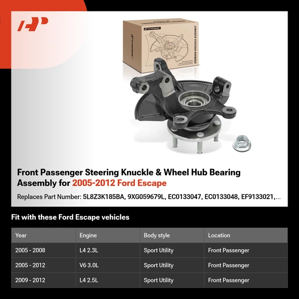 Front Passenger Steering Knuckle & Wheel Hub Bearing Assembly for 2005-2012 Ford Escape