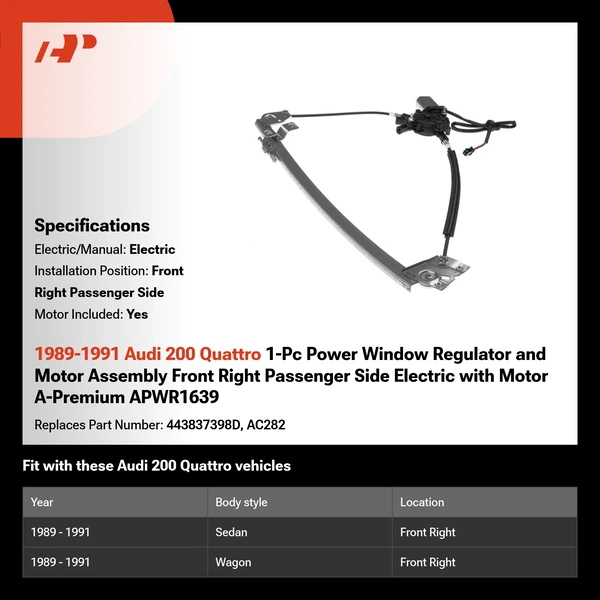 1989-1991 Audi 200 Quattro 1-Pc Power Window Regulator and Motor Assembly Front Right Passenger Side Electric with Motor A-Premium APWR1639