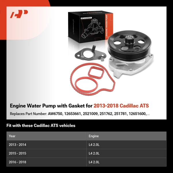 Engine Water Pump with Gasket for 2013-2018 Cadillac ATS