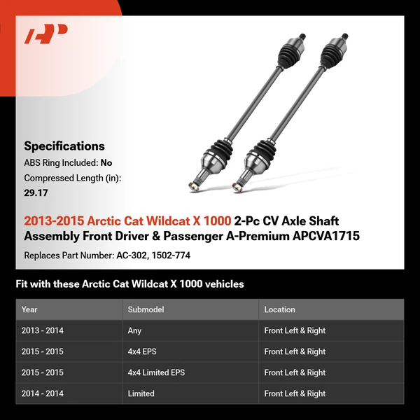 2013-2015 Arctic Cat Wildcat X 1000 2-Pc CV Axle Shaft Assembly Front Driver & Passenger A-Premium APCVA1715