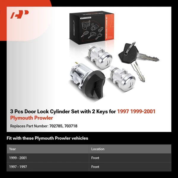 3 Pcs Door Lock Cylinder Set with 2 Keys for 1997 1999-2001 Plymouth Prowler