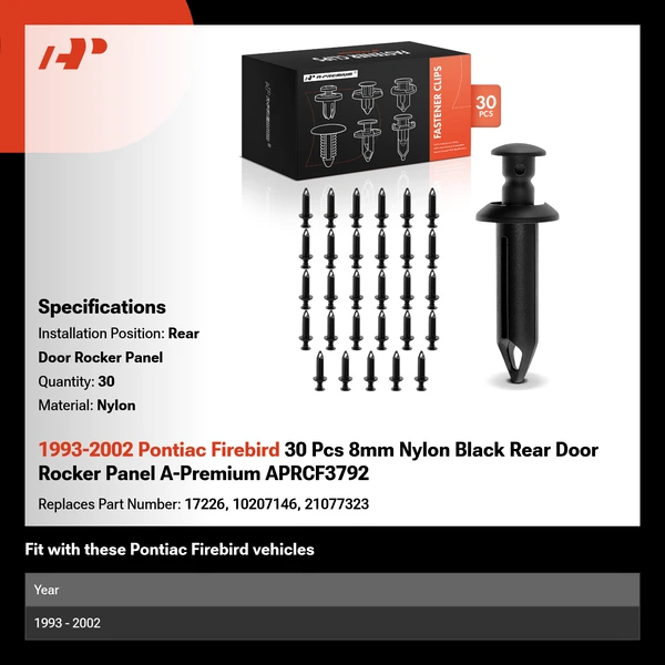 1993-2002 Pontiac Firebird 30 Pcs 8mm Nylon Black Rear Door Rocker Panel A-Premium APRCF3792