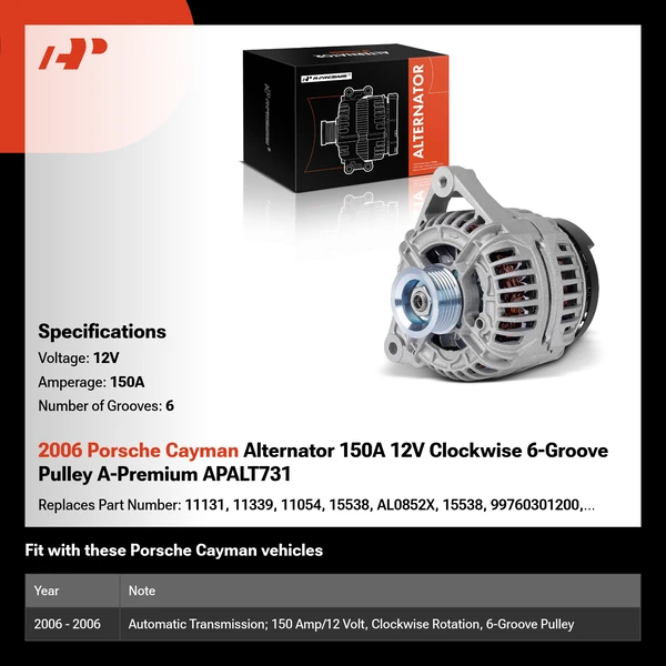 2006 Porsche Cayman Alternator 150A 12V Clockwise 6-Groove Pulley A-Premium APALT731