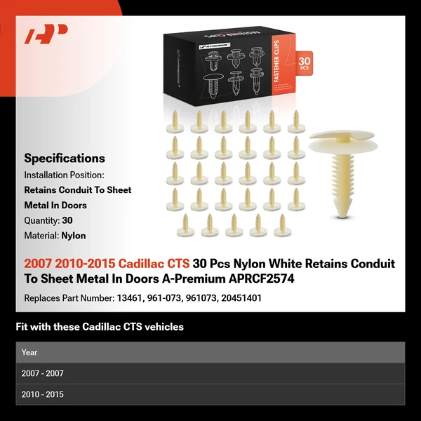 2007 2010-2015 Cadillac CTS 30 Pcs Nylon White Retains Conduit To Sheet Metal In Doors A-Premium APRCF2574