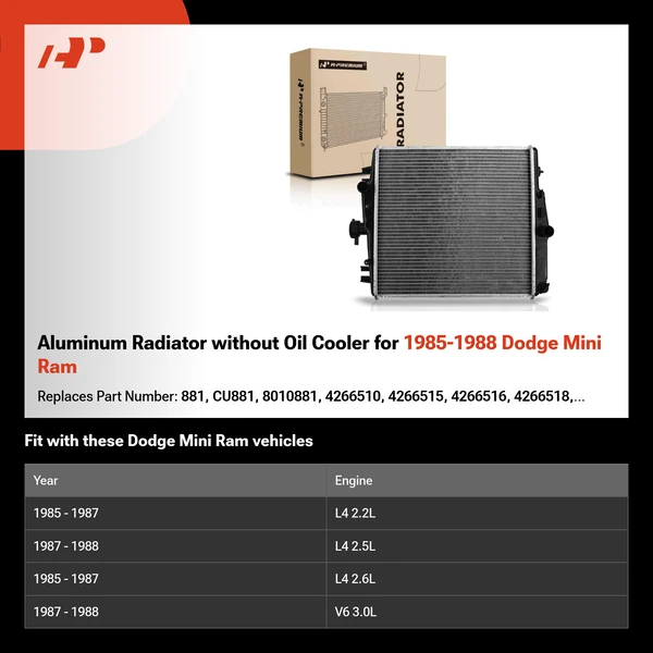 Aluminum Radiator without Oil Cooler for 1985-1988 Dodge Mini Ram